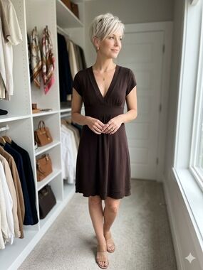 Body Central Chocolate Brown V-Neck Short Sleeve Midi Dress